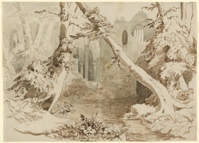 Eine zerstörte Kirche im Wald von Carl Blechen