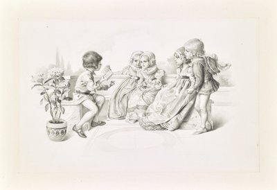 Kinder, in mittelalterlichem Kostüm einem Sänger lauschend von Carl Fröschl