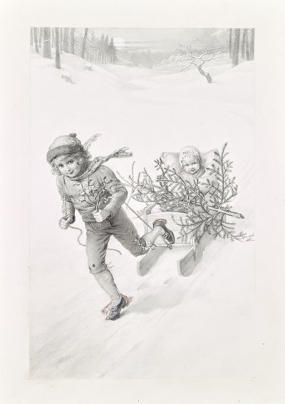 Zwei Kinder, durch Winterlandschaft fahrend von Carl Fröschl
