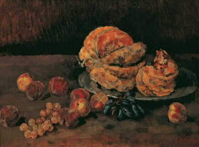 Stillleben mit Kürbis, Pfirsich und Weintrauben von Carl Schuch