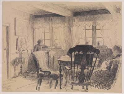 Hjarup Pfarrhaus. Zimmer mit zwei nähenden Damen von Carl Thomsen