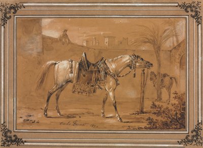 Gesatteltes arabisches Pferd im Hof von Carle Vernet