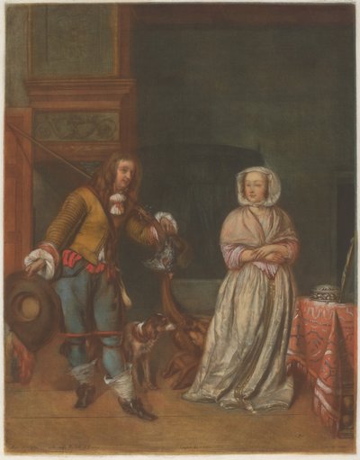 Jäger besucht eine Dame von Carlo Lasinio after Gabriel Metsu
