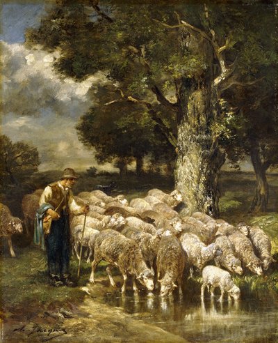 Ein Schäfer, der seine Herde hütet von Charles Emile Jacque