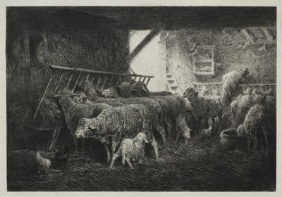 Inneres eines Schafstalls von Charles Emile Jacque