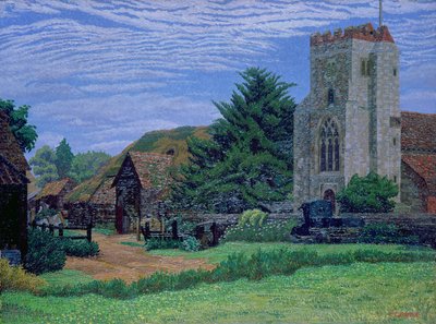 Kirche und Scheune, Waltham St. Lawrence von Charles Ginner