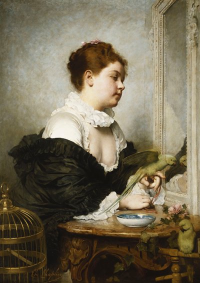Ein junges Mädchen mit Sittichen von Charles Joshua Chaplin