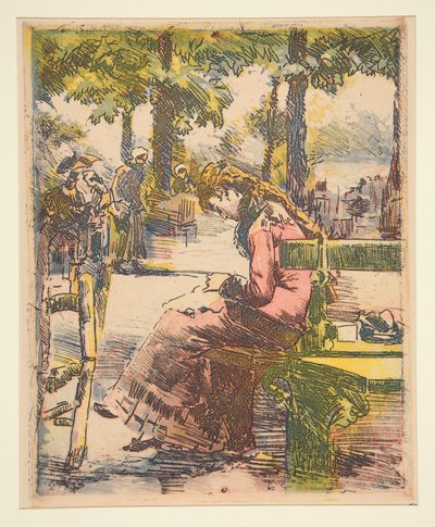 Junges Mädchen auf einer Bank, beim Nähen von Charles Maurin