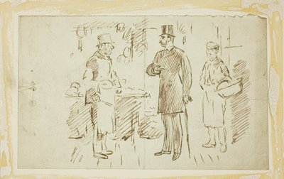 Gentleman mit hohem Hut spricht Metzger an von Charles Samuel Keene