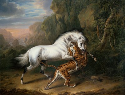 Ein Tiger greift einen arabischen Hengst an von Charles Towne