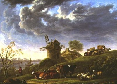Sonnenbeschienene Weiden bei einem Dorf am Fluss von Charles Towne