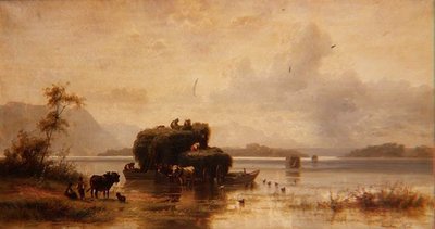 Eine Seelandschaft mit Bauern und Heubargen von Christian Mali
