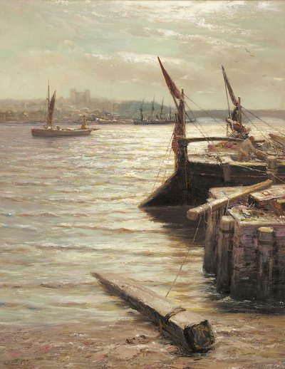 Angelegte Lastkähne am Flussufer von Colin Hunter