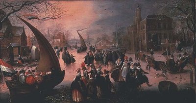Ein Dorf im Winter mit Adeligen beim Eissegeln von David Vinckboons