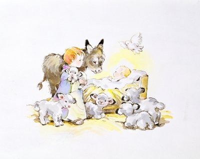 Esel und Lämmer um eine Krippe von Diane Matthes