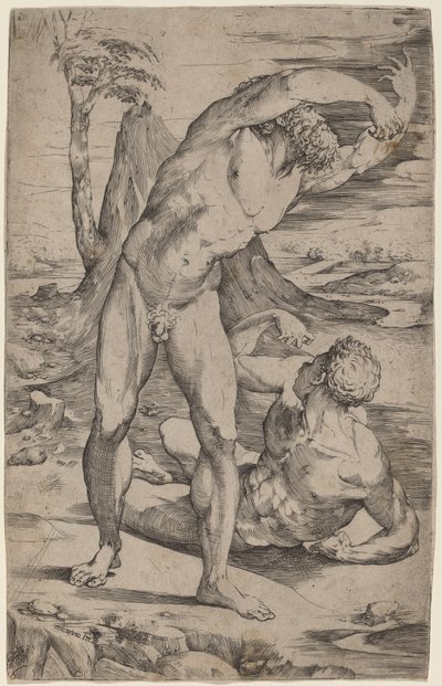 Zwei männliche Akte gestikulieren in einer Landschaft von Domenico Beccafumi
