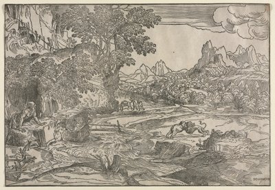 Landschaft mit Heiligem Hieronymus und zwei Löwen von Domenico Campagnola