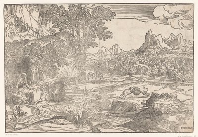 Landschaft mit Hieronymus und zwei Löwen von Domenico Campagnola