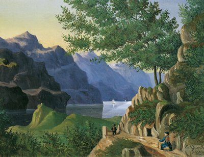 Bergsee mit Wanderer von E. Guenther