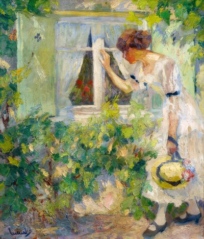 Junge Frau durch ein Fenster schauend von Edward Cucuel