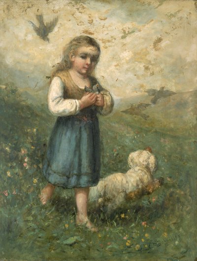 Kind mit Vögeln und Hund von Edward Mitchell Bannister