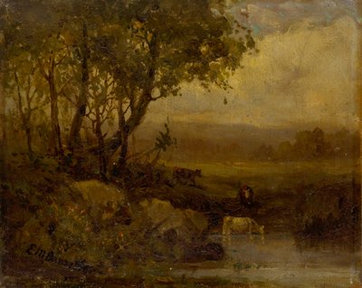 Unbetitelte Landschaft, Flussufer, drei Kühe von Edward Mitchell Bannister