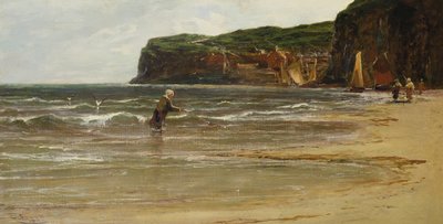 Küstenansicht mit Frau beim Garnelenfischen, ca. 1900 von Edwin Ellis