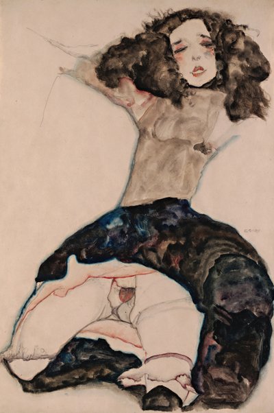 Schwarzhaariges Mädchen mit gehobenem Rock, 1911 von Egon Schiele