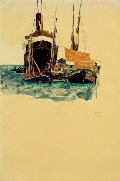 Dampfer und Segelboote im Hafen von Triest von Egon Schiele