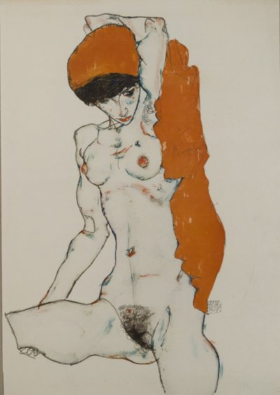 Weiblicher Akt mit orange-rotem Tuch, 1914 von Egon Schiele