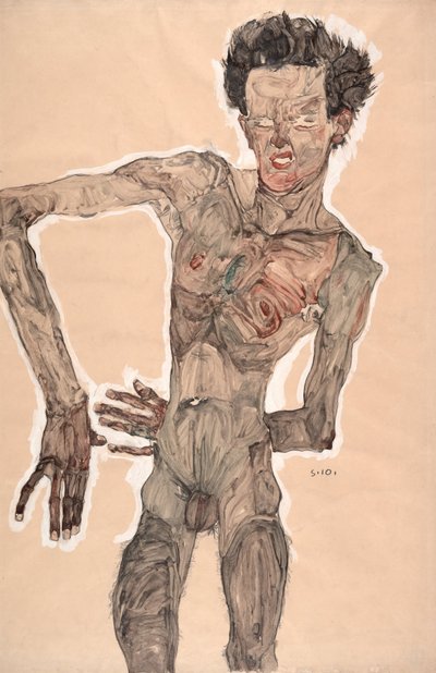 Nacktes Selbstporträt, grimassierend von Egon Schiele