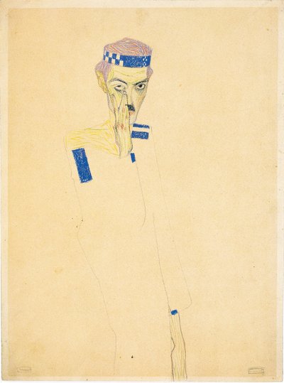 Selbstporträt mit blau kariertem Stirnband, 1909 von Egon Schiele