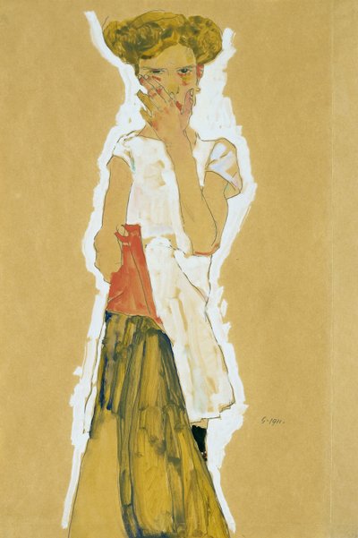 Stehendes Mädchen im weißen Unterrock von Egon Schiele