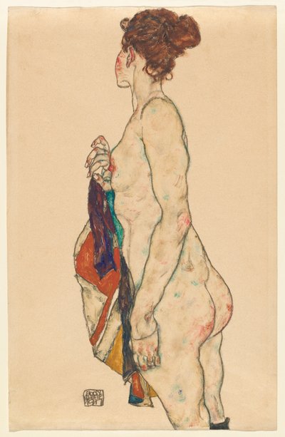 Stehender Akt mit gemustertem Gewand von Egon Schiele