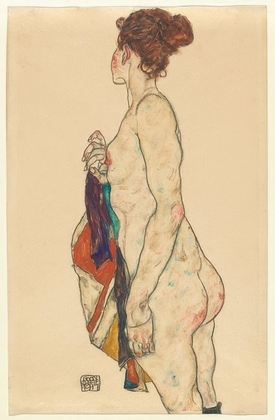 Stehender Akt mit gemustertem Gewand von Egon Schiele