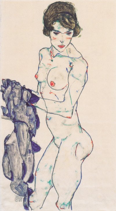 Stehender weiblicher Akt mit blauem Tuch von Egon Schiele