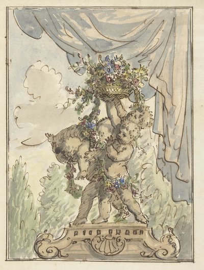 Drei Putti mit einem Blumenkorb von Elias van Nijmegen