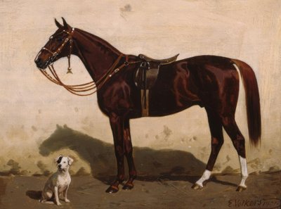 Gesattelter Fuchs mit Hund von Emil Volkers