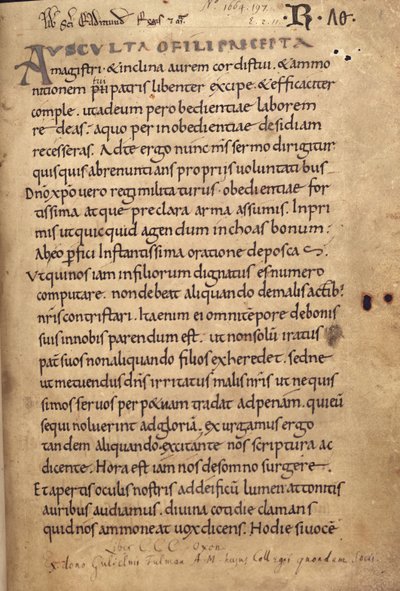 Ms. 197 f.1r Regel des heiligen Benedikt von English School