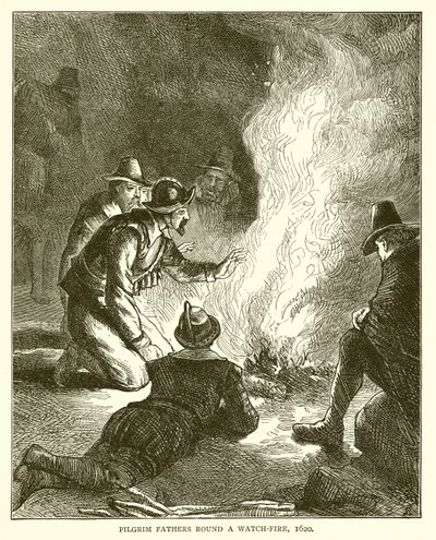 Pilgerväter um ein Wachfeuer, 1620 von English School