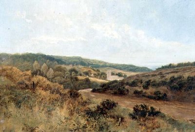 Flusslandschaft mit Kirche in der Ferne von English School