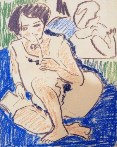 Hockende Dodo mit Buch von Ernst Ludwig Kirchner