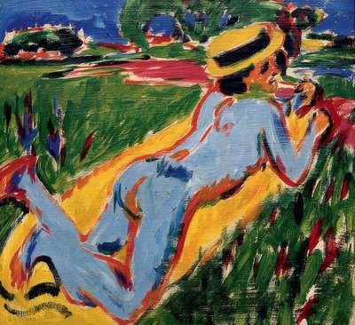 Liegender blauer Akt mit Strohhut von Ernst Ludwig Kirchner