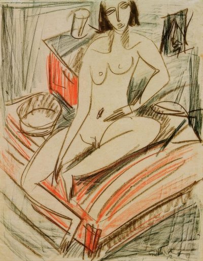 Weiblicher Akt, auf Bett sitzend von Ernst Ludwig Kirchner