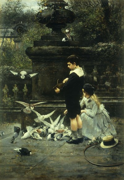 Tauben füttern, 1887 von Eugene Joors
