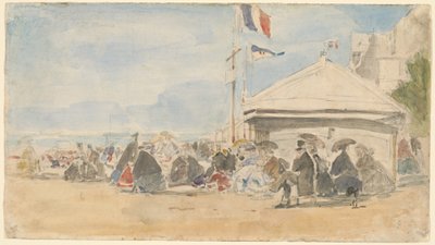 Strandhaus mit Fahnen in Trouville von Eugène Boudin