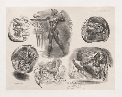 Blatt mit sechs antiken Münzen von Eugène Delacroix