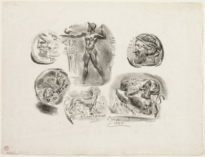 Blatt mit sechs antiken Medaillen von Eugène Delacroix