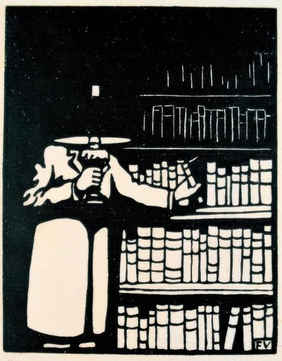 Bücherliebhaber mit Lampe in seiner Bibliothek von Felix Edouard Vallotton