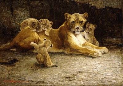 Eine Löwin mit ihren Jungen von Ferdinand Schebek